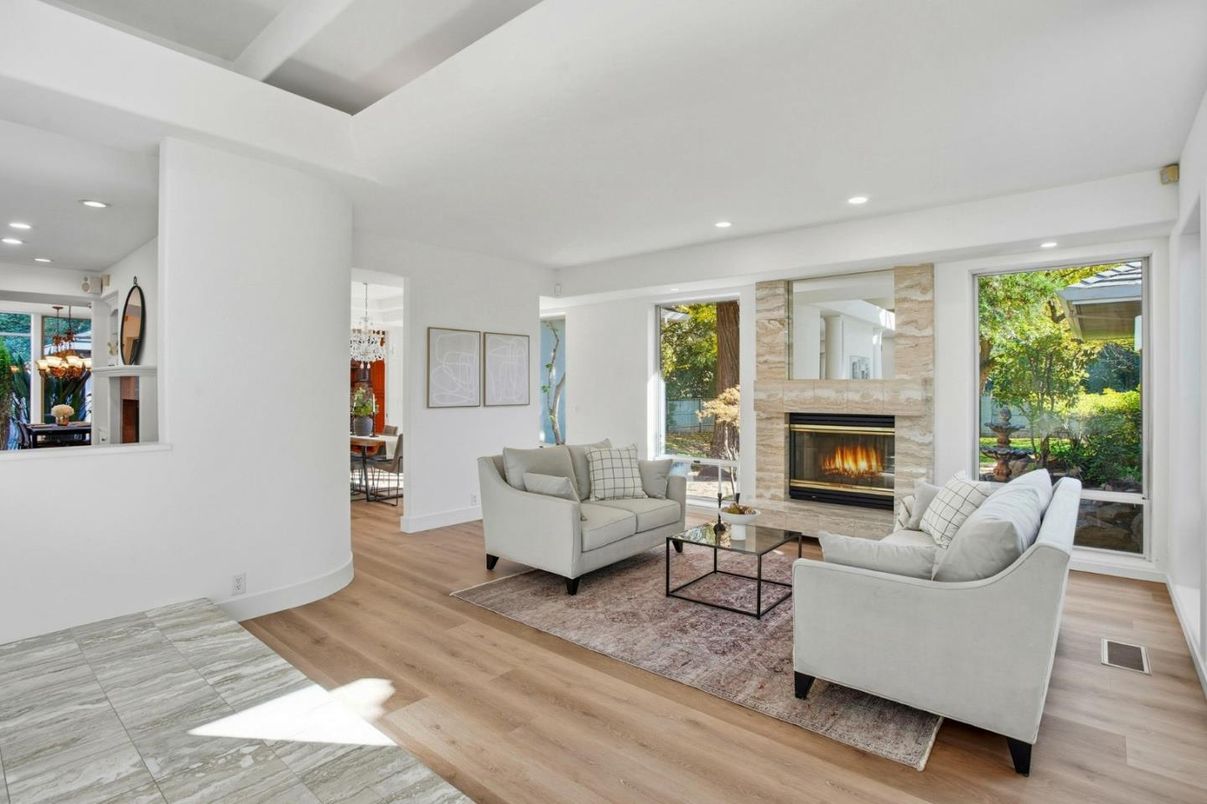 Fireplace, Interior, Living room, Recessed Lighting, Wood Texture Flooring