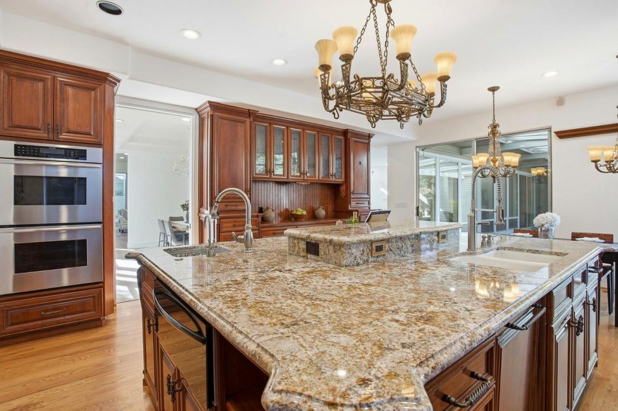 Chandelier, Interior, Kitchen, Recessed Lighting, Stainless Steel Appliances, Wood Texture Flooring