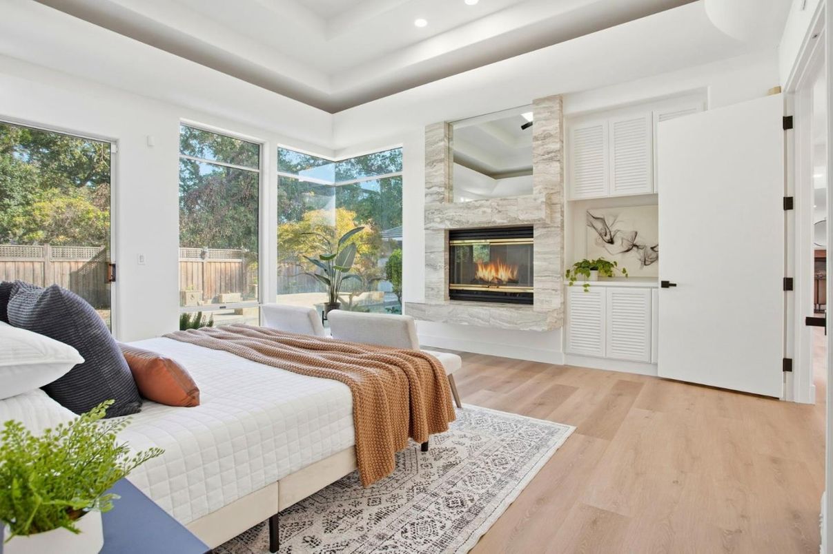 Bedroom, Fireplace, Interior, Recessed Lighting, Wood Texture Flooring