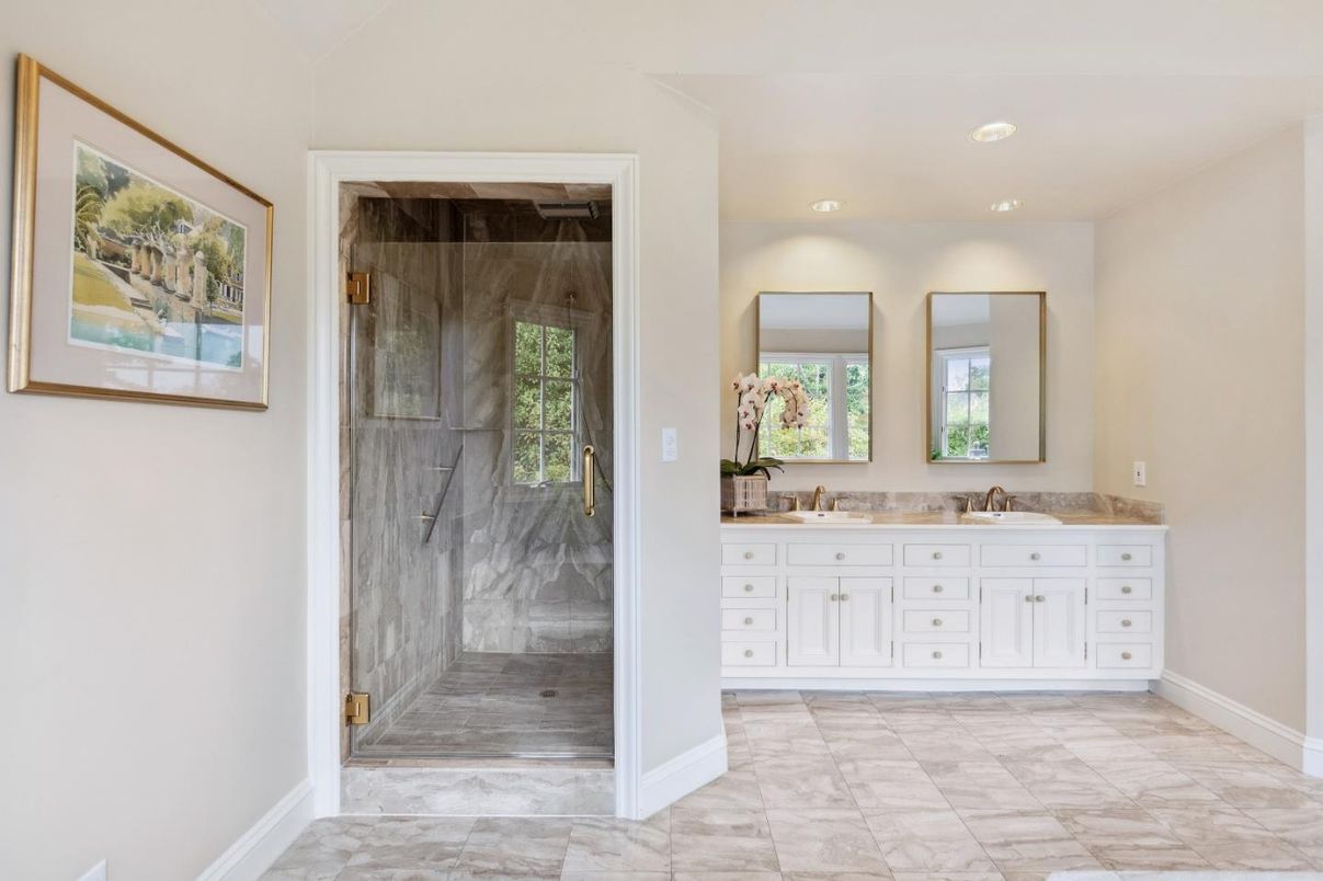 Bathroom, Dual Sink Vanities, Glass Shower, Interior, Marble, Recessed Lighting