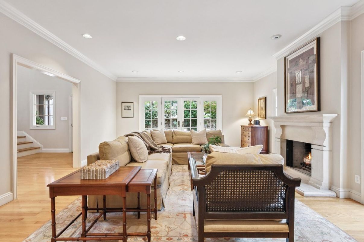 Fireplace, Interior, Living room, Recessed Lighting, Wood Texture Flooring