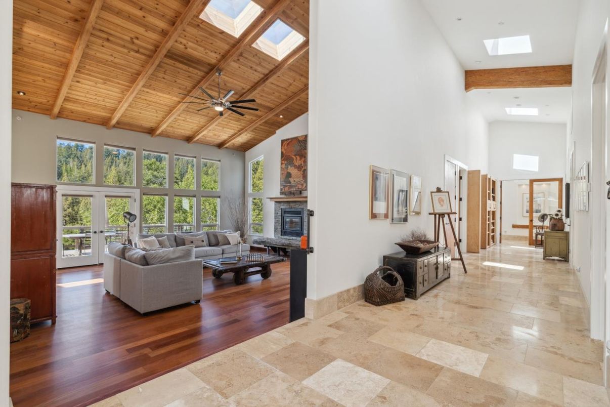 Fireplace, Interior, Living room, Recessed Lighting, Wooden Beams, Wooden Ceilings, Wood Texture Flooring