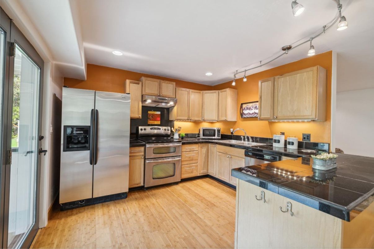 Interior, Kitchen, Recessed Lighting, Stainless Steel Appliances, Wood Texture Flooring