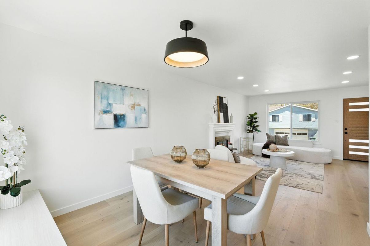 Dining room, Fireplace, Interior, Living room, Recessed Lighting, Wood Texture Flooring