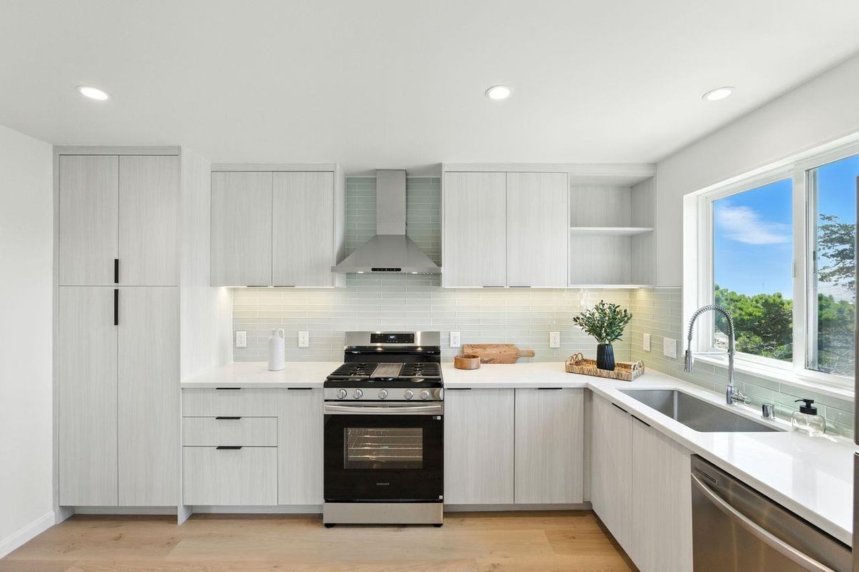 Interior, Kitchen, Recessed Lighting, Stainless Steel Appliances, Wood Texture Flooring