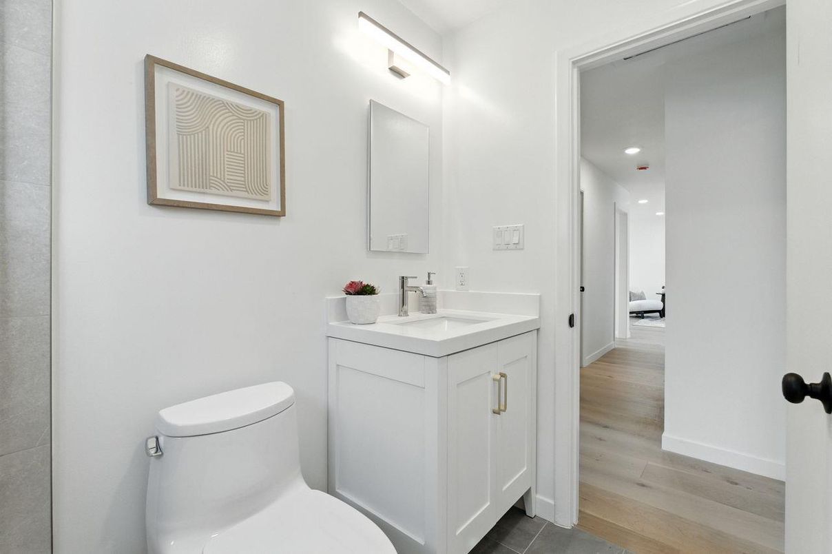 Bathroom, Interior, Recessed Lighting, Wood Texture Flooring