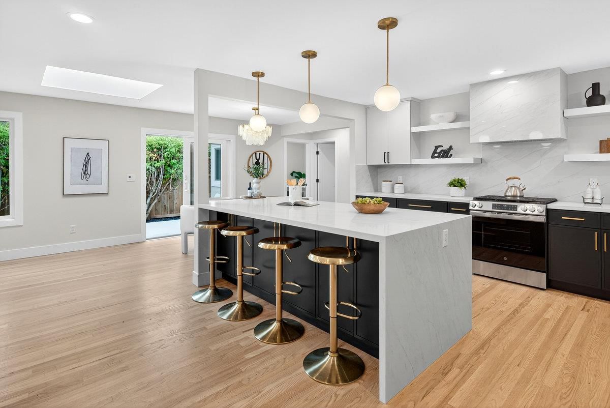 Interior, Kitchen, Marble Walls, Pendant Lights, Recessed Lighting, Stainless Steel Appliances, Wood Texture Flooring