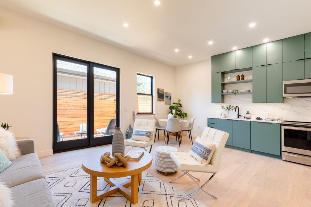 Dining room, Interior, Kitchen, Living room, Recessed Lighting, Stainless Steel Appliances, Wood Texture Flooring