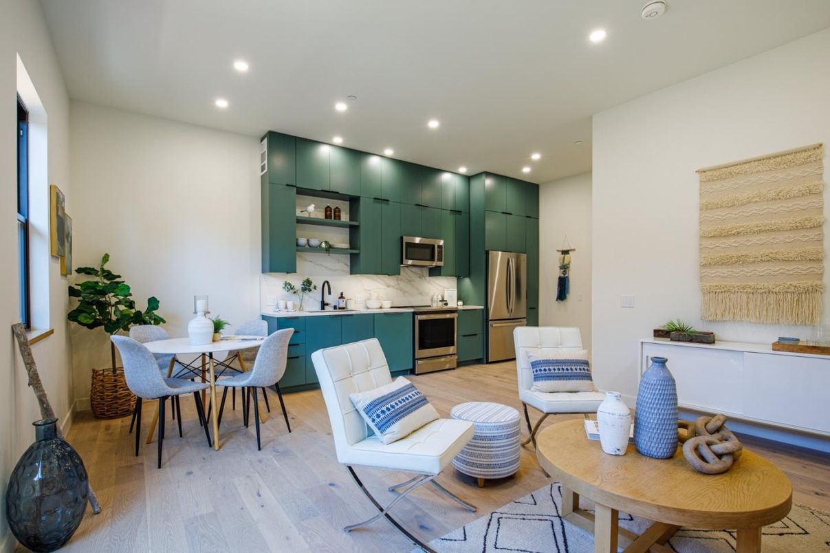 Dining room, Interior, Kitchen, Living room, Recessed Lighting, Stainless Steel Appliances, Wood Texture Flooring