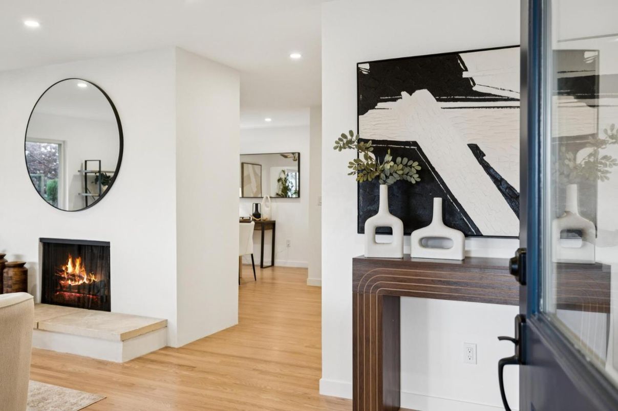 Fireplace, Interior, Recessed Lighting, Wood Texture Flooring