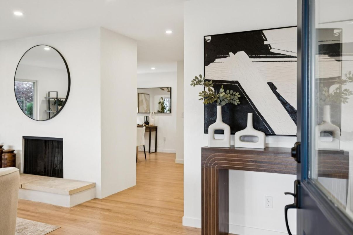 Fireplace, Interior, Recessed Lighting, Wood Texture Flooring