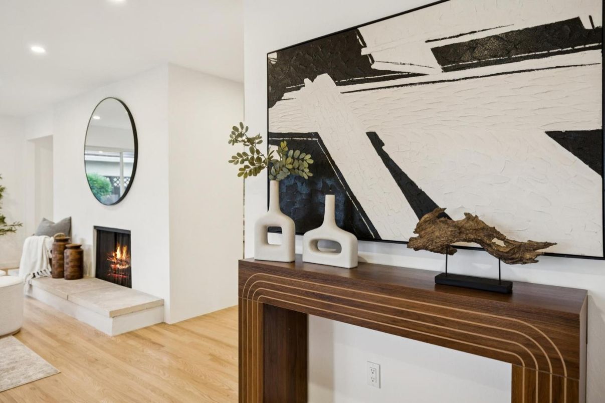 Fireplace, Interior, Recessed Lighting, Wood Texture Flooring