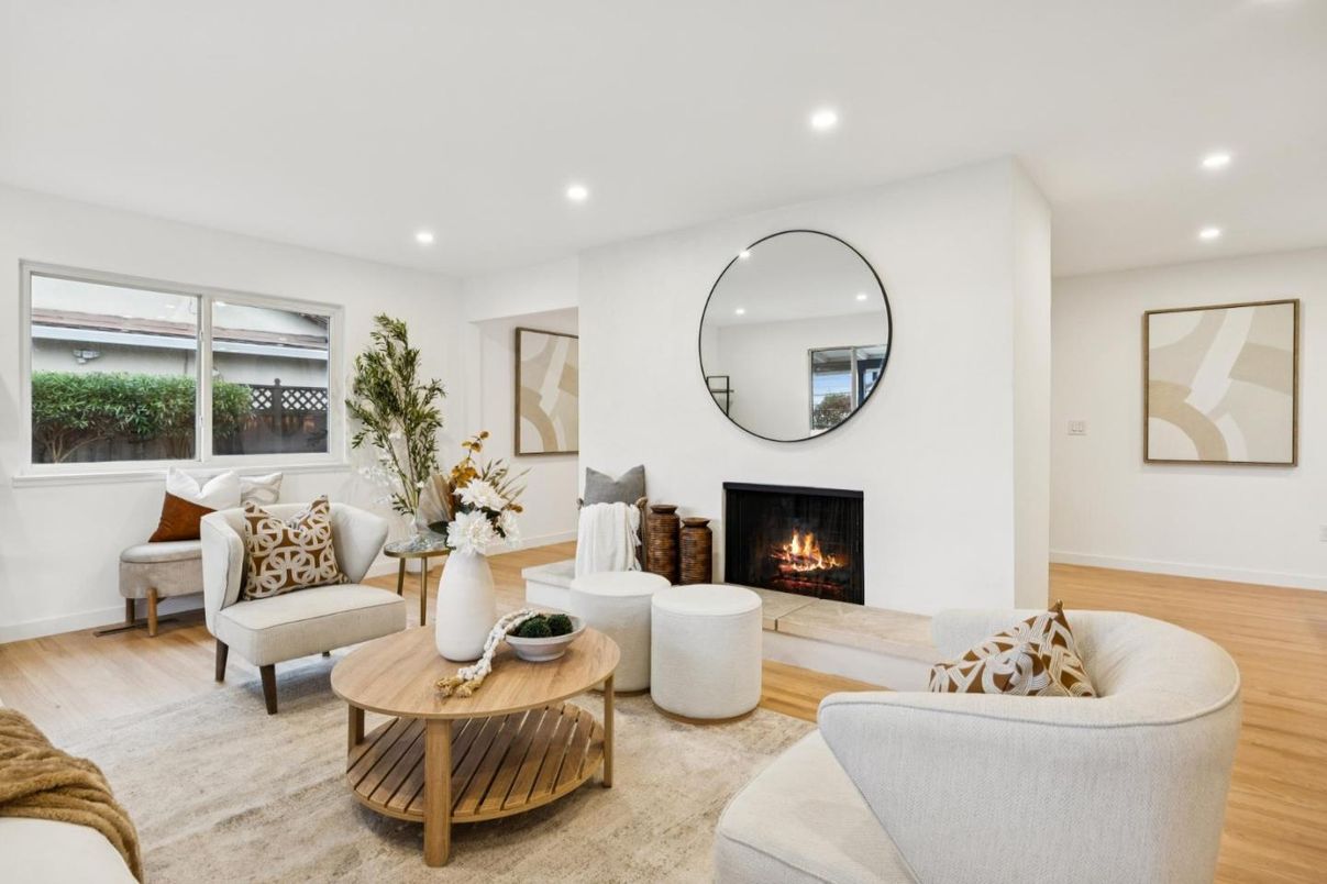 Fireplace, Interior, Living room, Recessed Lighting, Wood Texture Flooring