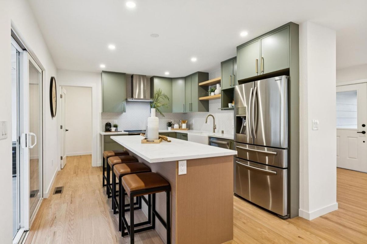 Interior, Kitchen, Recessed Lighting, Stainless Steel Appliances, Wood Texture Flooring