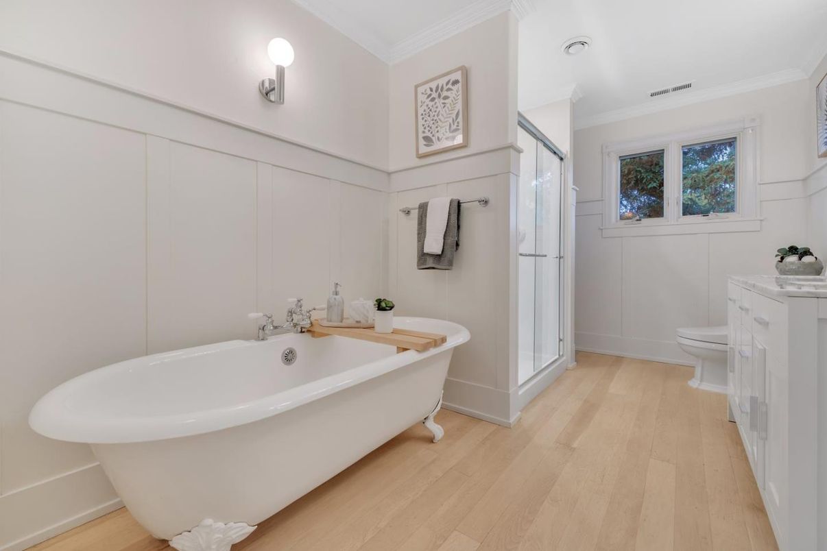 Bathroom, Free Standing Baths, Glass Shower, Interior, Wood Texture Flooring