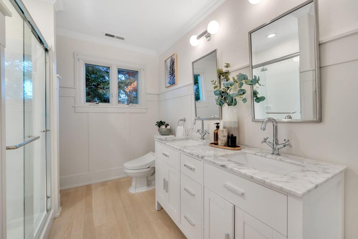 Bathroom, Glass Shower, Interior, Recessed Lighting, Wood Texture Flooring