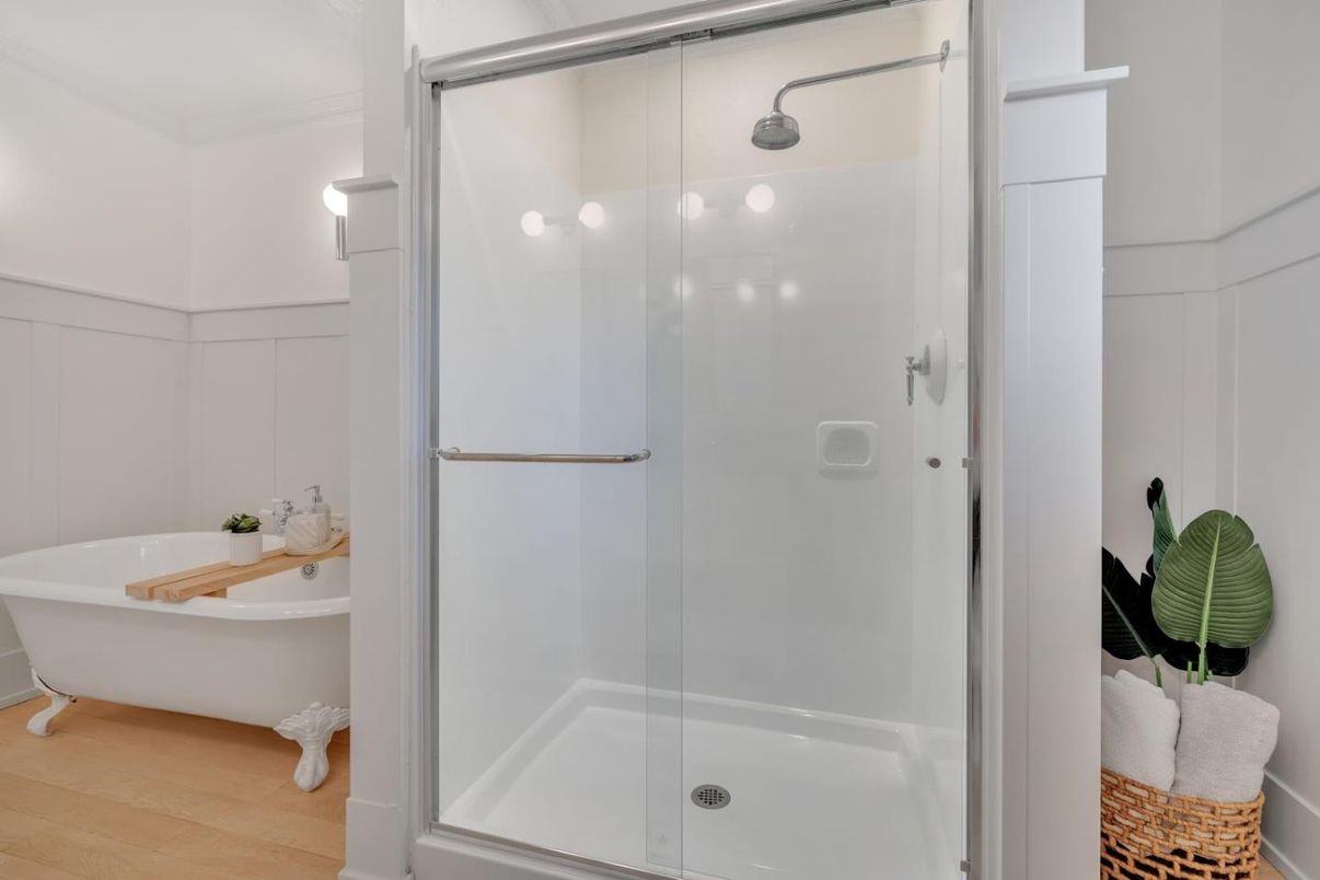 Bathroom, Glass Shower, Interior, Wood Texture Flooring