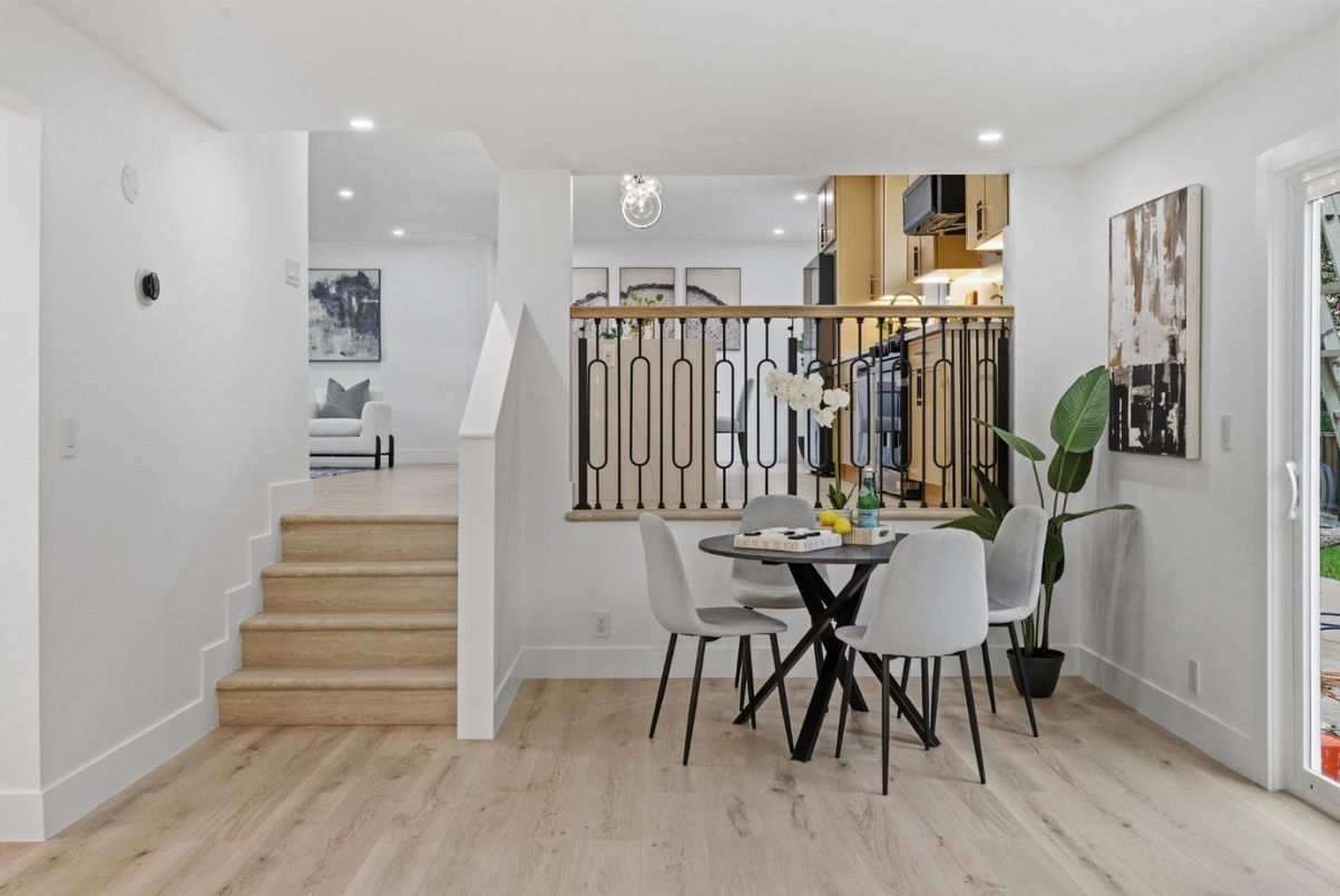 Dining room, Interior, Recessed Lighting, Wood Texture Flooring
