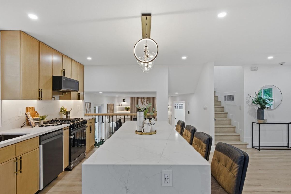 Interior, Kitchen, Pendant Lights, Recessed Lighting, Stainless Steel Appliances, Wood Texture Flooring