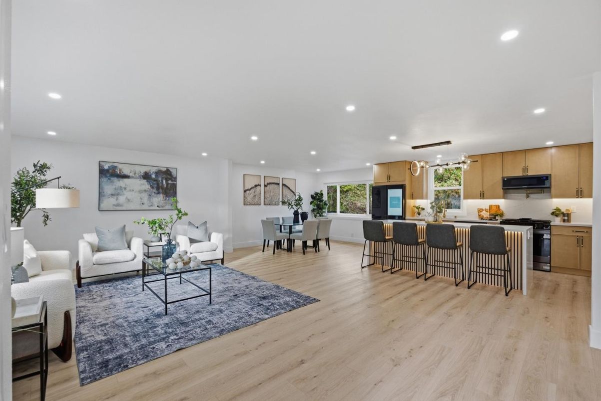 Dining room, Interior, Kitchen, Living room, Recessed Lighting, Stainless Steel Appliances, Wood Texture Flooring