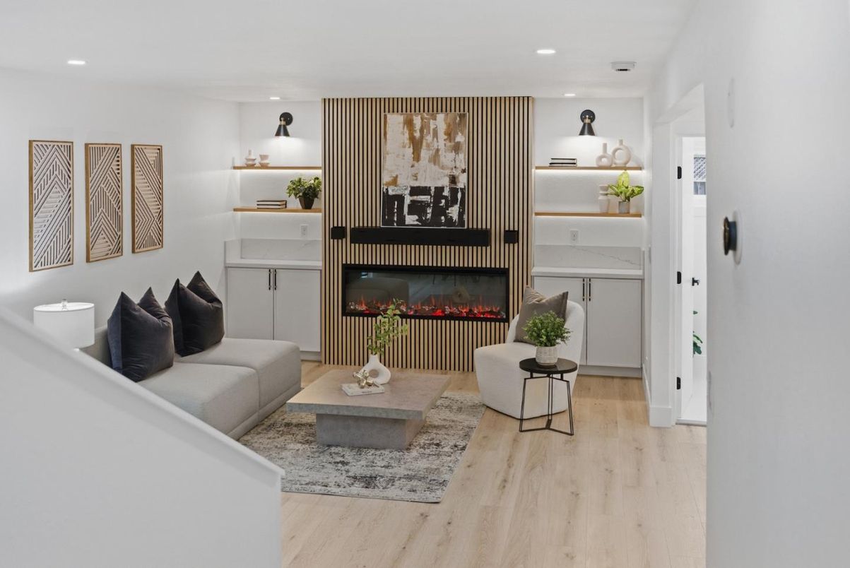 Fireplace, Interior, Living room, Recessed Lighting, Wood Texture Flooring