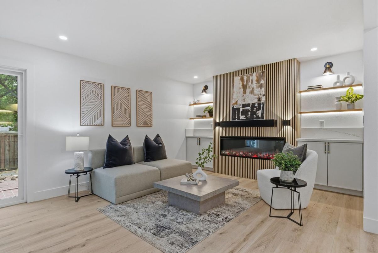 Fireplace, Interior, Living room, Recessed Lighting, Wood Texture Flooring