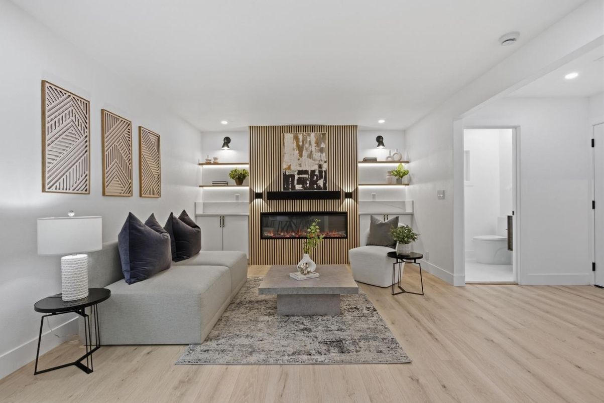 Fireplace, Interior, Living room, Recessed Lighting, Wood Texture Flooring