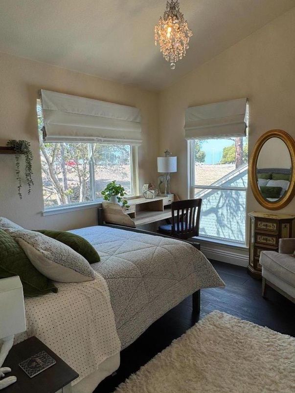 Bedroom, Chandelier, Interior, Wood Texture Flooring