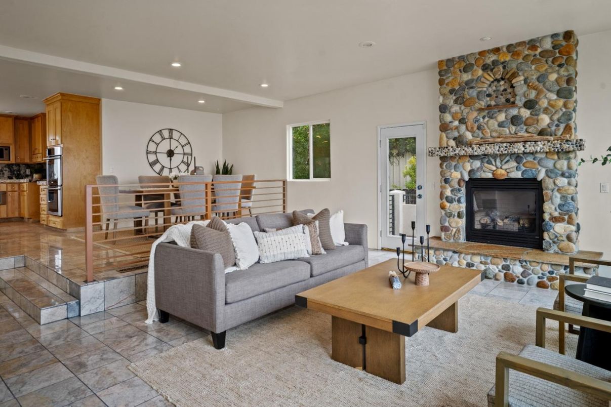 Dining room, Fireplace, Interior, Kitchen, Living room, Recessed Lighting, Stone Walls