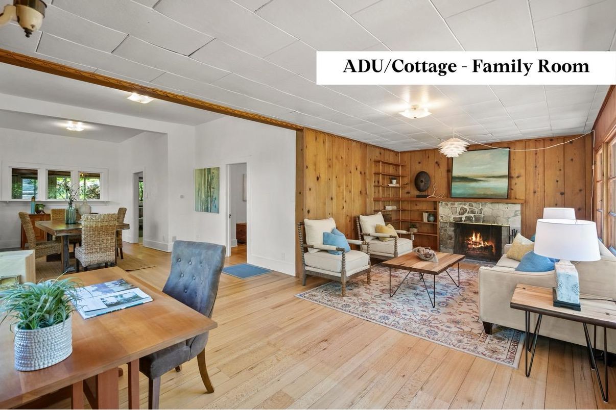 Dining room, Fireplace, Interior, Living room, Wood Texture Flooring, Wooden Walls