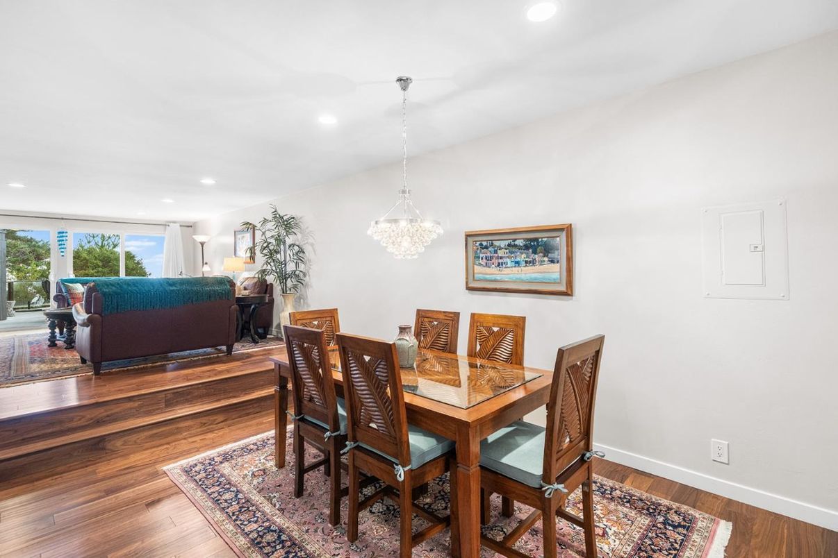 Chandelier, Dining room, Interior, Recessed Lighting, Wood Texture Flooring