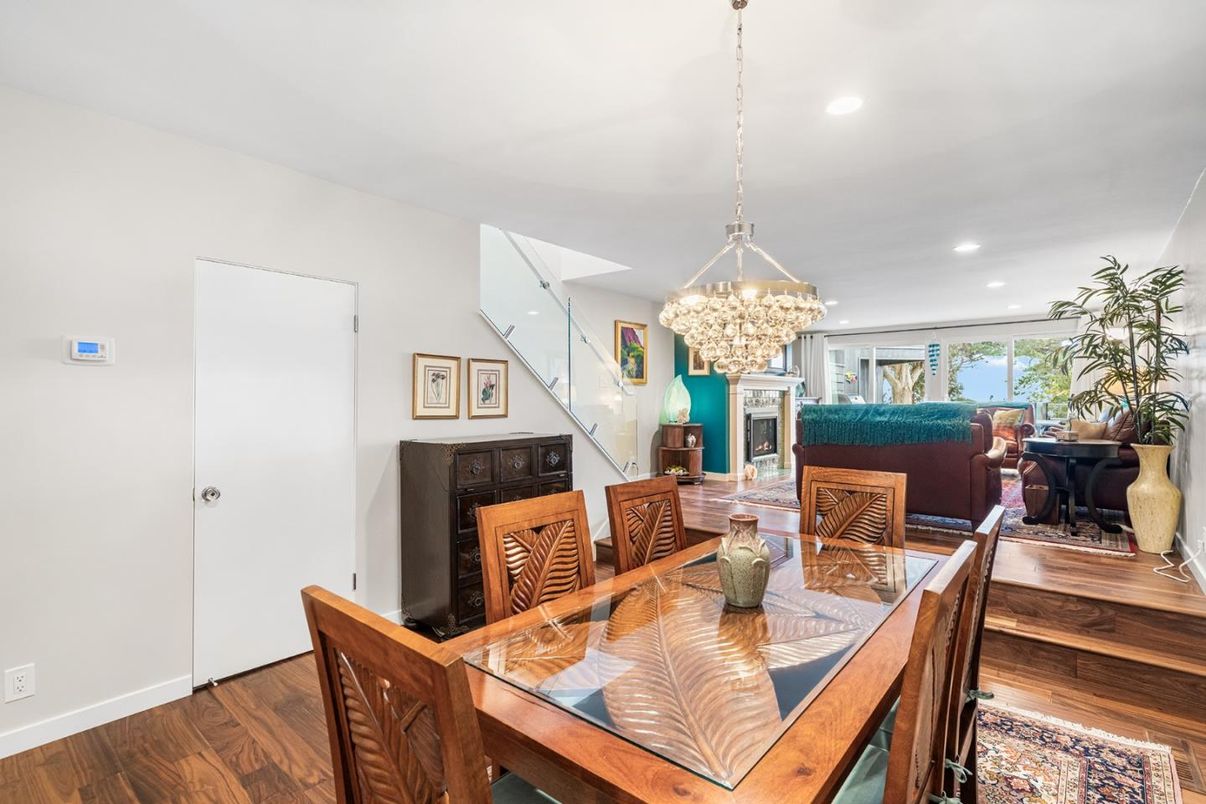 Chandelier, Dining room, Fireplace, Interior, Living room, Recessed Lighting, Wood Texture Flooring