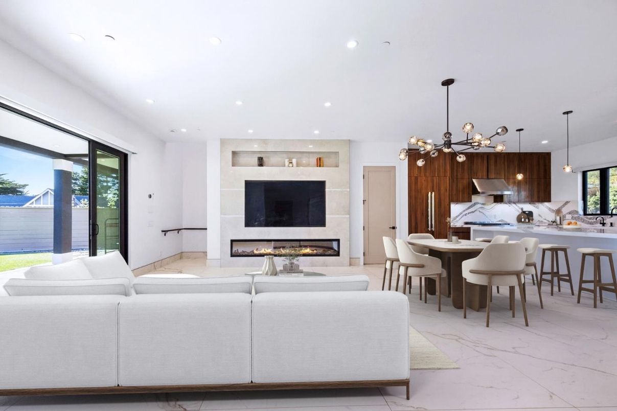 Dining room, Fireplace, Interior, Kitchen, Living room, Marble, Pendant Lights, Recessed Lighting, Water