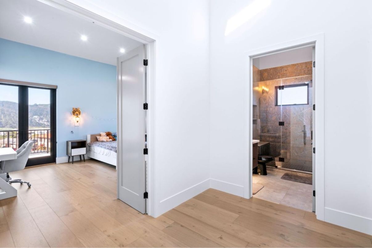 Bathroom, Bedroom, Glass Shower, Interior, Recessed Lighting, Wood Texture Flooring