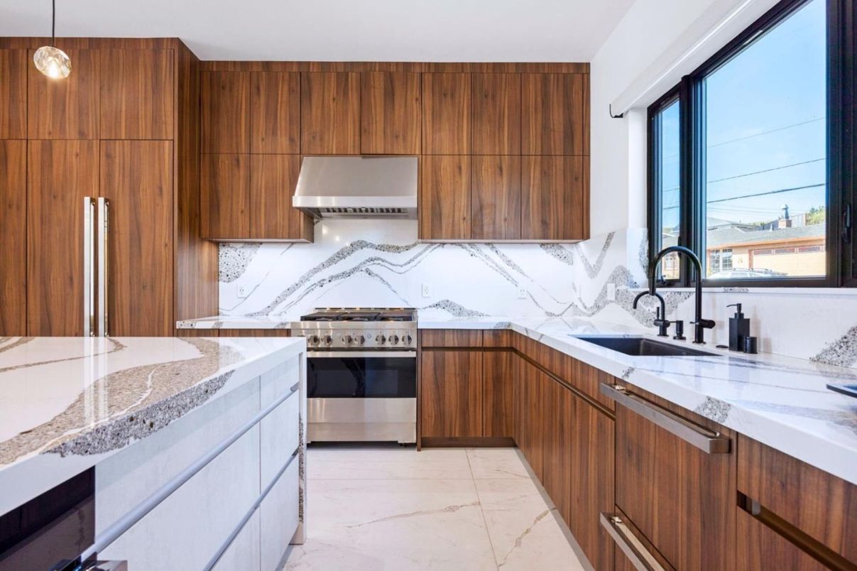 Interior, Kitchen, Marble, Marble Walls, Pendant Lights, Stainless Steel Appliances