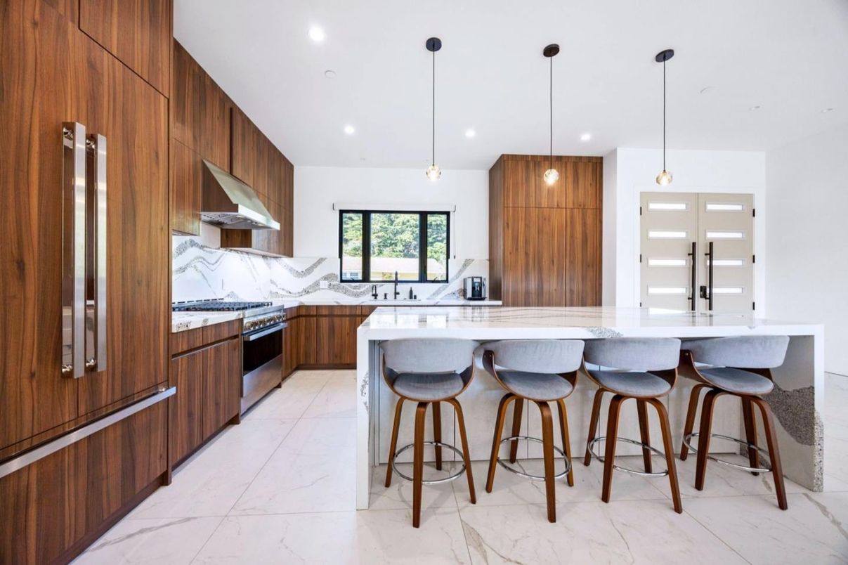 Interior, Kitchen, Marble, Pendant Lights, Recessed Lighting, Stainless Steel Appliances
