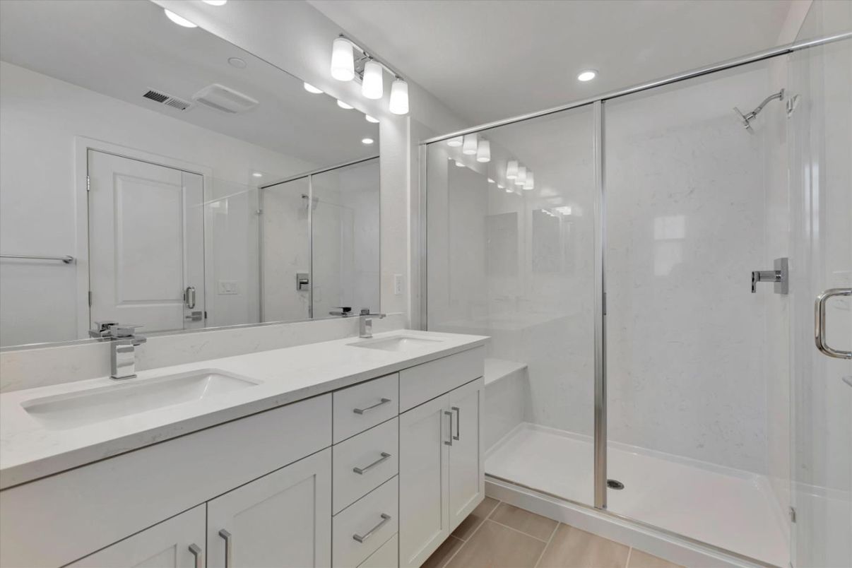 Bathroom, Dual Sink Vanities, Glass Shower, Interior, Recessed Lighting