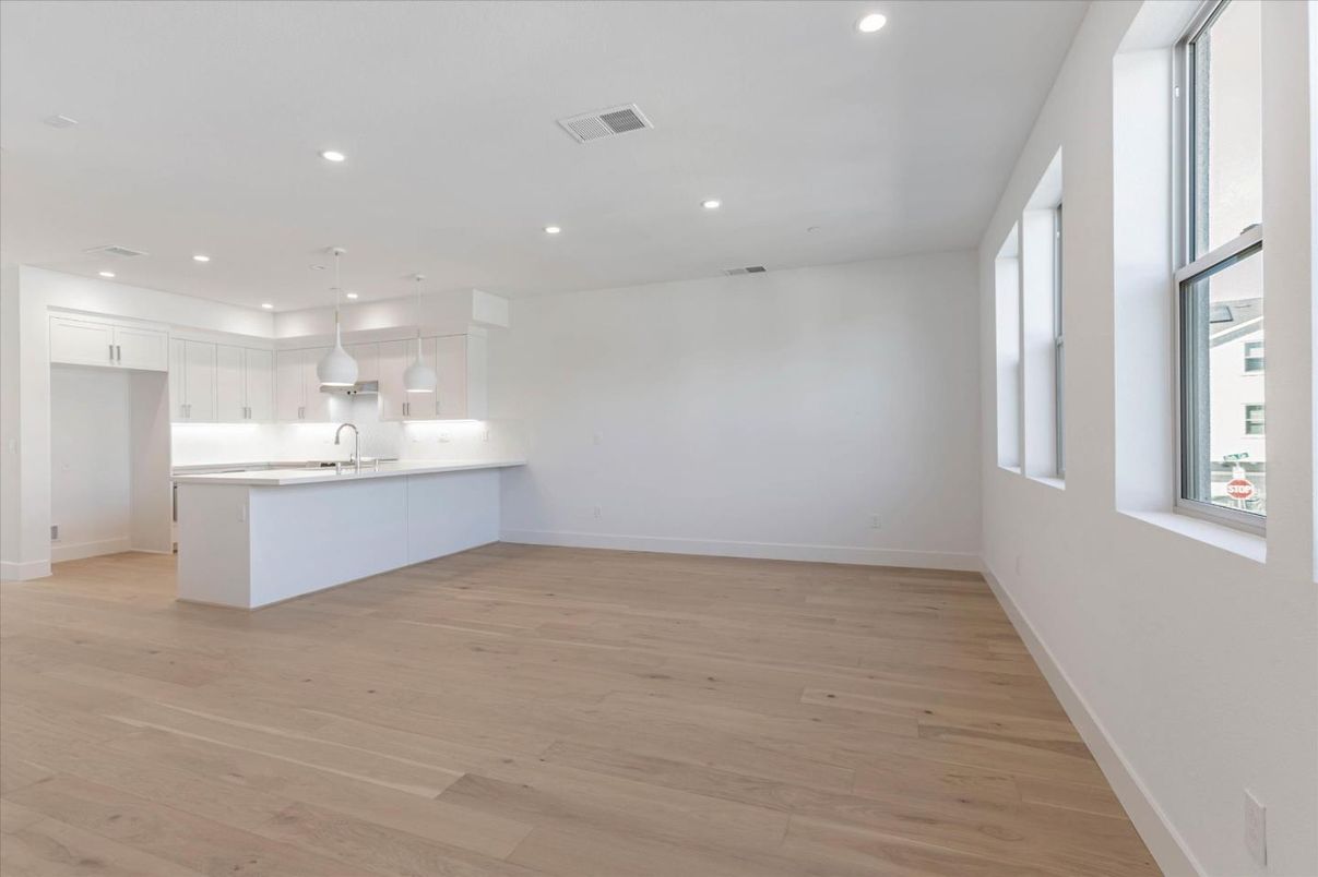 Empty room, Interior, Kitchen, Pendant Lights, Recessed Lighting, Wood Texture Flooring