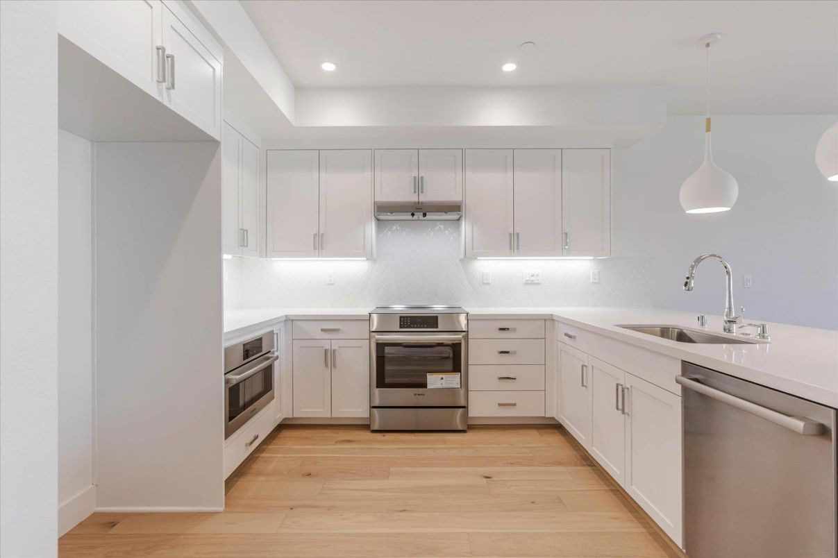 Interior, Kitchen, Pendant Lights, Recessed Lighting, Stainless Steel Appliances, Wood Texture Flooring