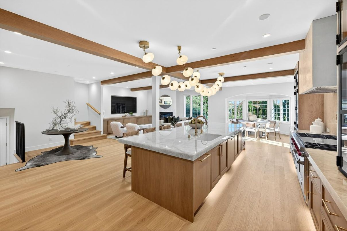 Dining room, Interior, Kitchen, Pendant Lights, Recessed Lighting, Stainless Steel Appliances, Wooden Beams, Wood Texture Flooring