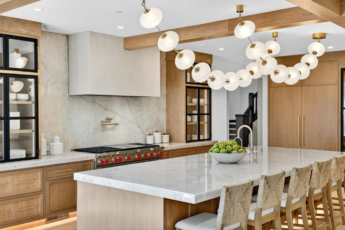 Interior, Kitchen, Pendant Lights, Recessed Lighting, Stainless Steel Appliances, Wooden Beams, Wood Texture Flooring