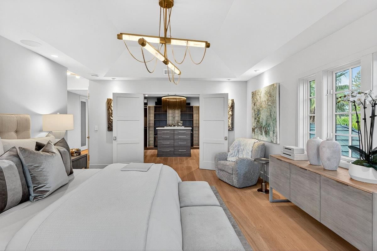 Bedroom, Chandelier, Interior, Recessed Lighting, Wood Texture Flooring