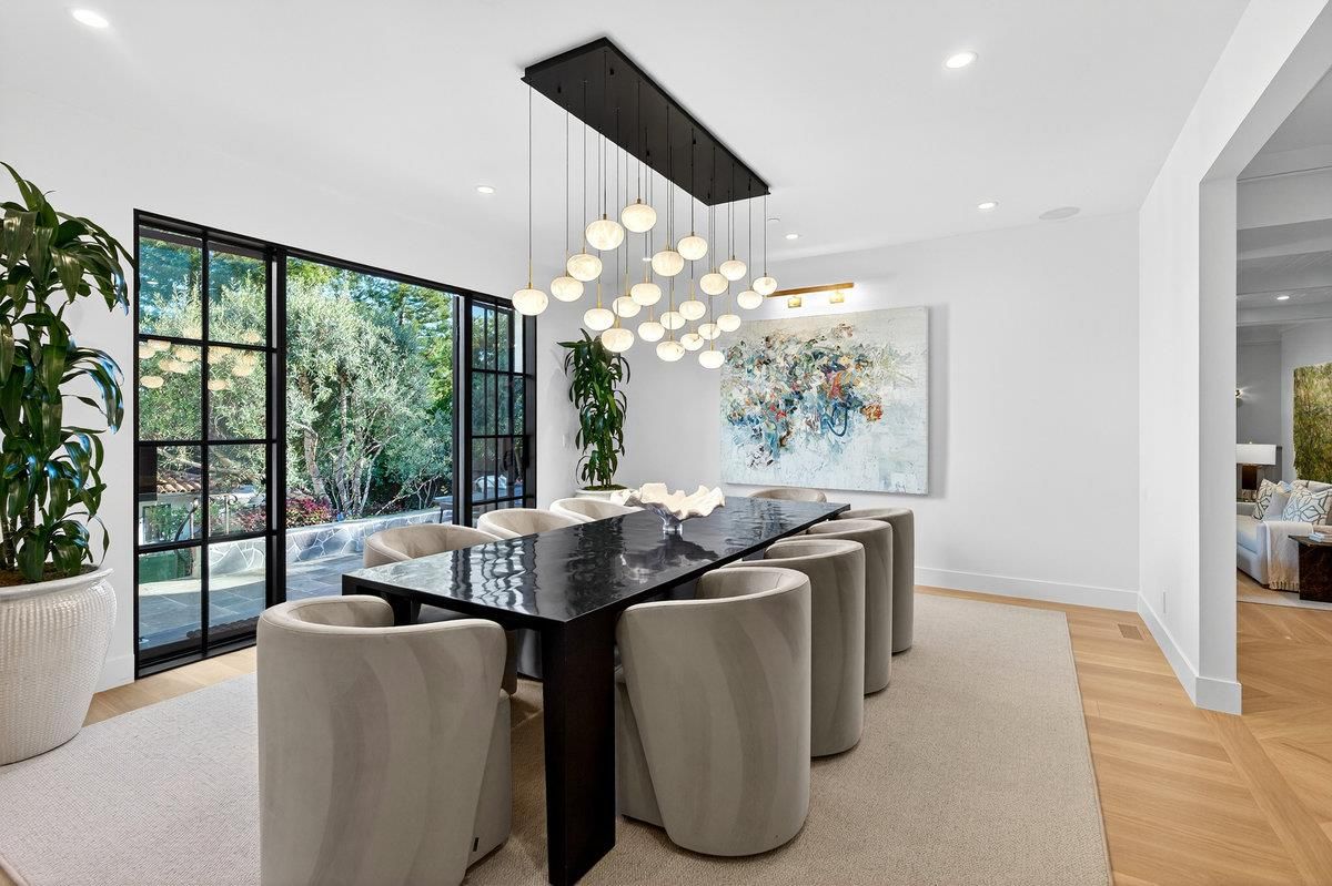 Dining room, Interior, Pendant Lights, Recessed Lighting, Wood Texture Flooring