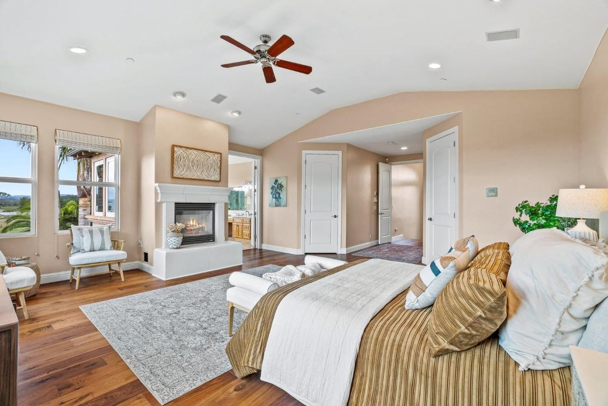 Bedroom, Fireplace, Interior, Recessed Lighting, Wood Texture Flooring