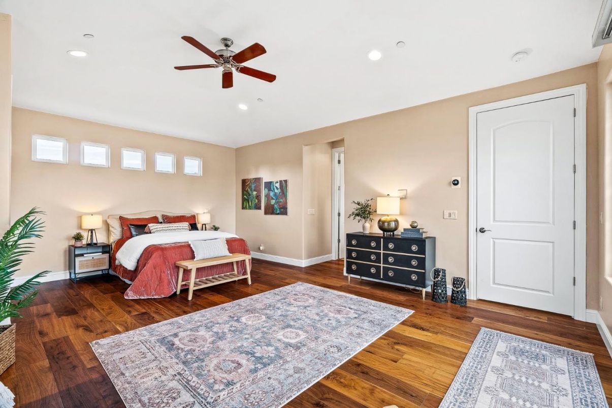 Bedroom, Interior, Recessed Lighting, Wood Texture Flooring