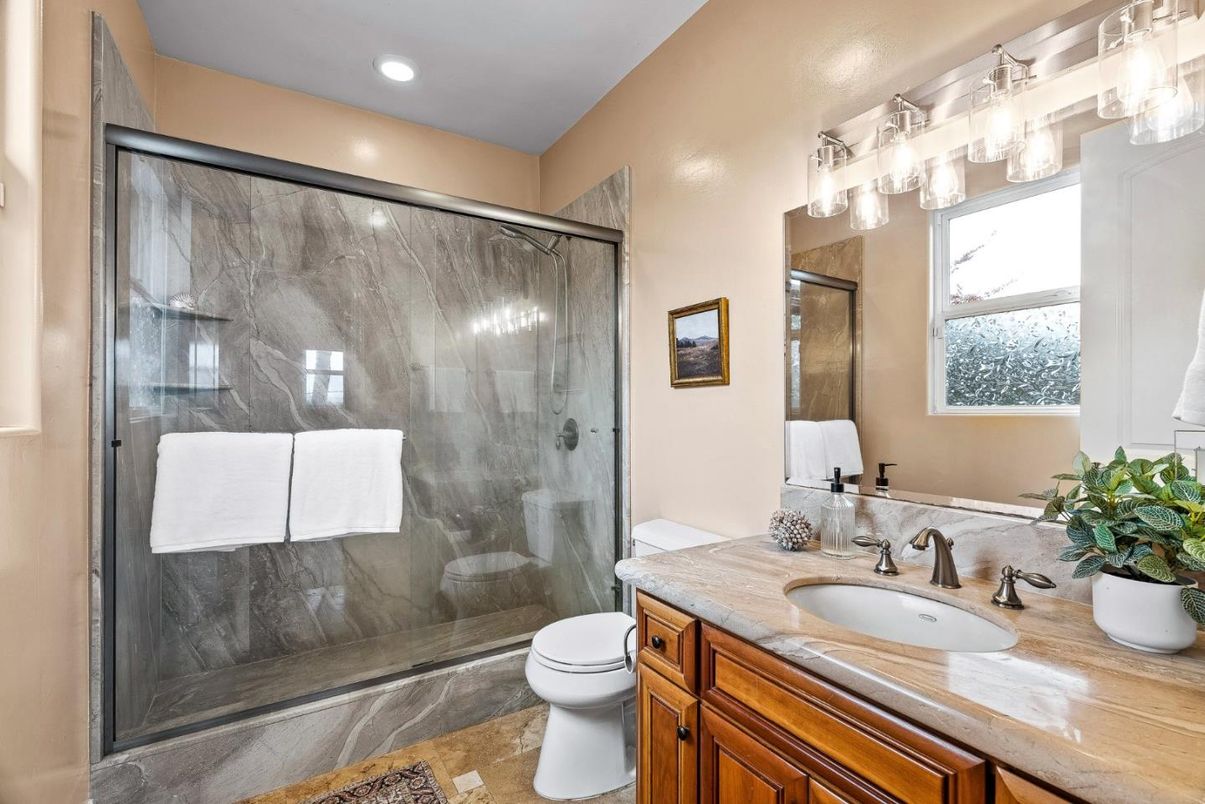 Bathroom, Glass Shower, Interior, Marble Walls, Recessed Lighting