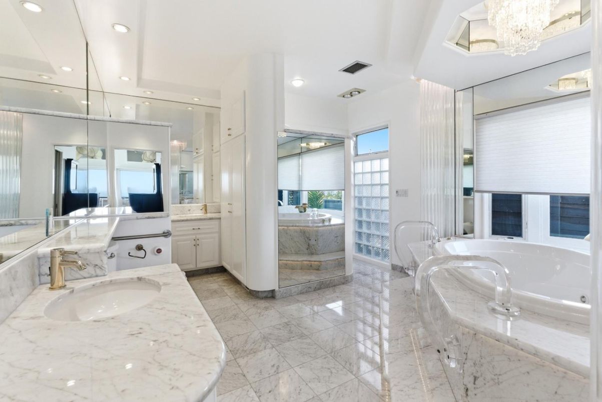 Bathroom, Chandelier, Glass Shower, Interior, Marble, Recessed Lighting