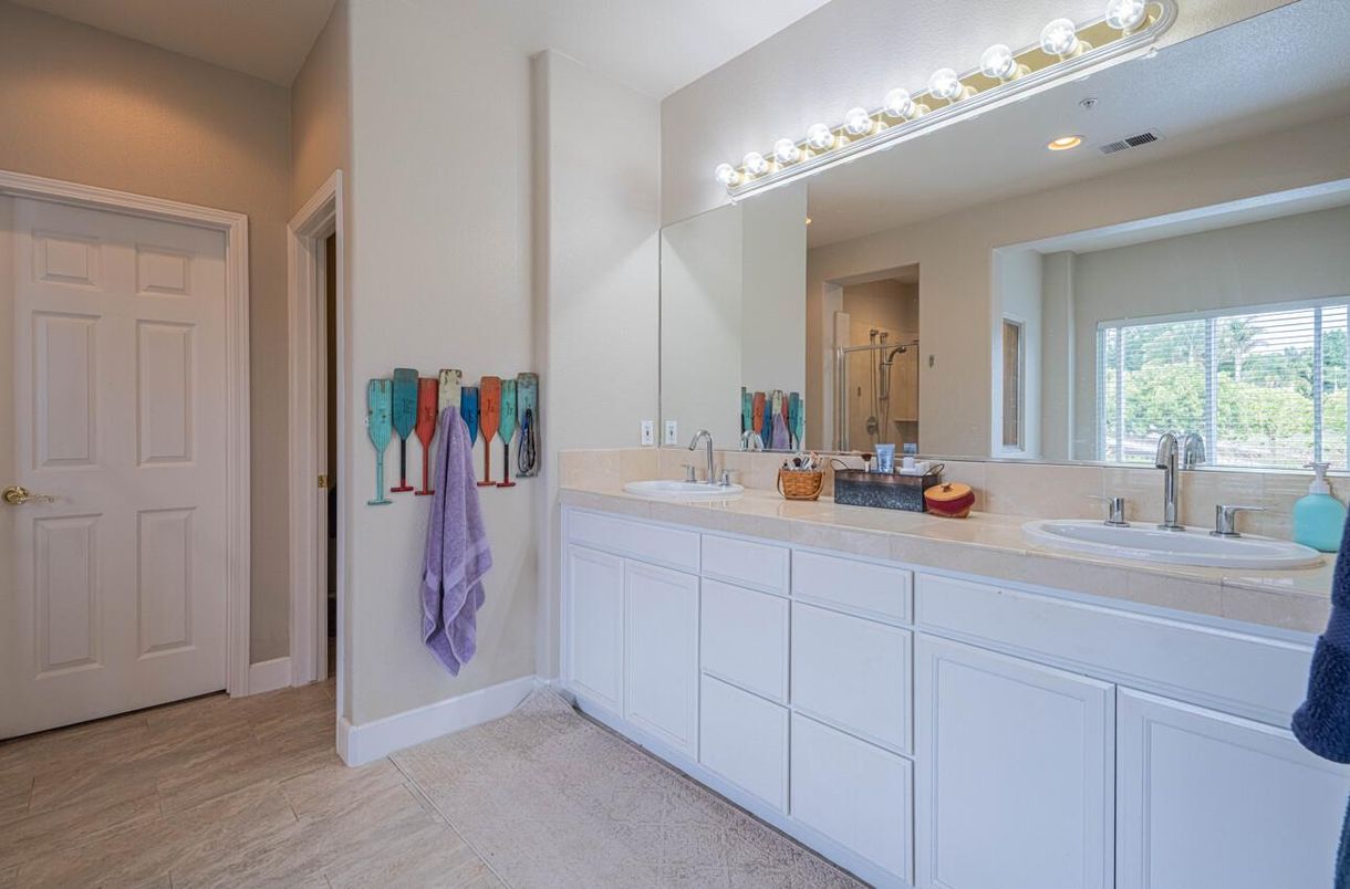 Bathroom, Dual Sink Vanities, Interior, Recessed Lighting, Tile Countertops