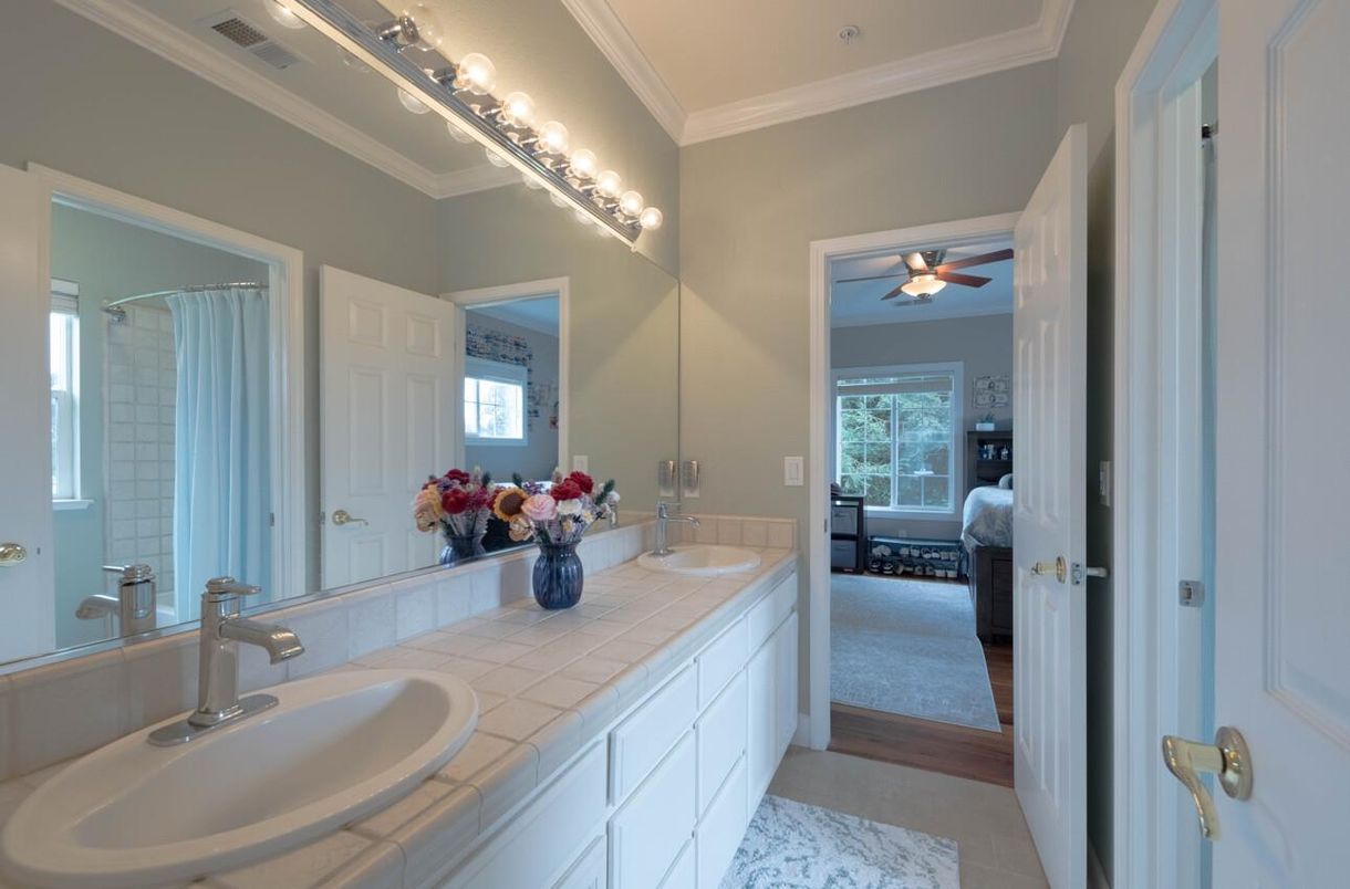 Bathroom, Bedroom, Dual Sink Vanities, Interior, Tile Countertops, Wood Texture Flooring