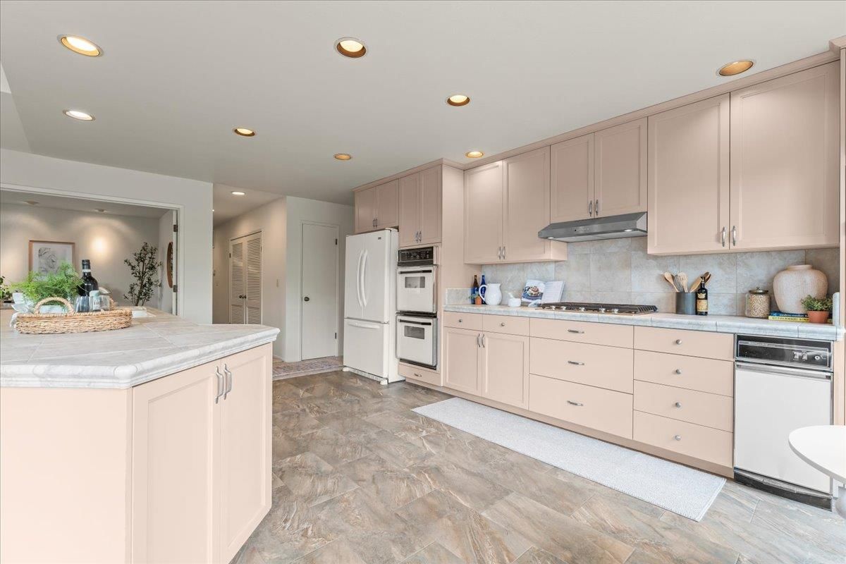 Interior, Kitchen, Recessed Lighting, Stainless Steel Appliances, Tile Countertops